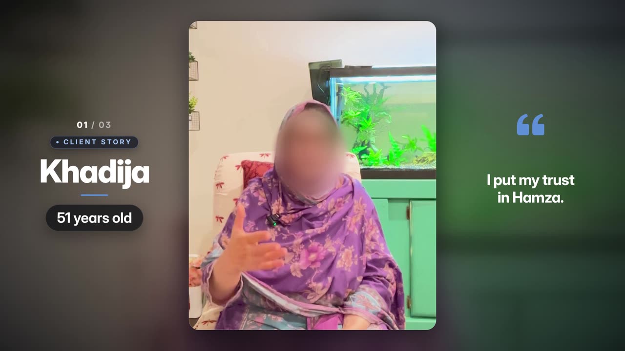 Khadija, 51, telling her story on camera, face blurred
